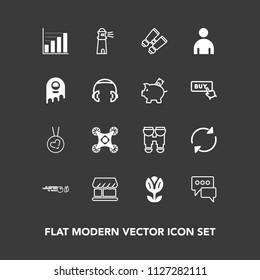 Modern, simple vector icon set on dark background with data, sport, message, travel, equipment, view, white, reload, search, glasses, hobby, flower, chat, strike, speech, spy, control, curtain icons