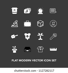 Modern, simple vector icon set on dark background with science, sign, file, tshirt, business, towel, laboratory, biology, wrench, beauty, folder, print, palm, clothes, microscope, tropical, tool icons