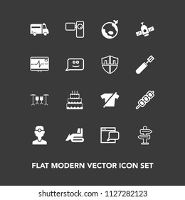 Modern, simple vector icon set on dark background with movie, internet, web, grilled, website, ambulance, clothes, health, sweet, hospital, travel, retro, tripod, fashion, dentistry, clothing icons