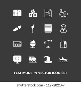 Modern, simple vector icon set on dark background with transportation, alphabet, train, computer, travel, van, elevator, pin, food, hat, plane, building, transport, circus, law, file, screen icons