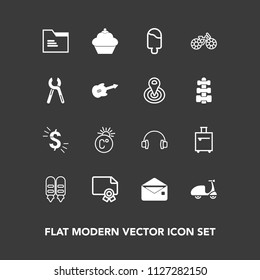Modern, simple vector icon set on dark background with file, mail, envelope, , wheel, certificate, sweet, dollar, audio, bag, luggage, fahrenheit, music, repair, service, achievement, office icons