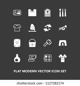 Modern, simple vector icon set on dark background with food, play, construction, gas, patient, warm, tv, fireplace, game, shirt, costume, dentist, clothing, christmas, traditional, camera, cook icons