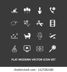 Modern, simple vector icon set on dark background with football, shovel, , celebration, bulb, soccer, life, pitch, lamp, birthday, stats, utensil, work, lifebuoy, departure, help, cooking, data icons