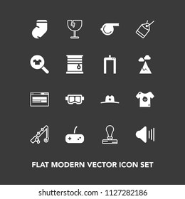 Modern, simple vector icon set on dark background with glass, envelope, cowboy, fish, business, texas, mask, west, music, sea, reel, referee, socks, warm, sheriff, child, clothing, audio, play icons