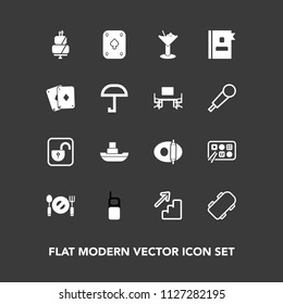 Modern, simple vector icon set on dark background with skater, open, play, mobile, ship, dessert, communication, phone, ocean, boat, spoon, drink, sweet, kitchen, fork, cocktail, pan, food, old icons