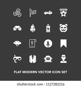 Modern, simple vector icon set on dark background with dentistry, binocular, scuba, air, electric, delivery, national, cool, mask, dental, ventilator, sign, sweet, dentist, helmet, dessert, flag icons