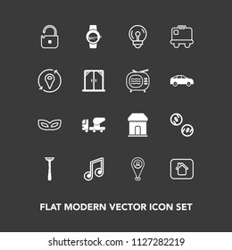 Modern, simple vector icon set on dark background with map, currency, bag, mixer, party, travel, equipment, sale, airport, pin, watch, note, construction, cash, protection, musical, baggage icons