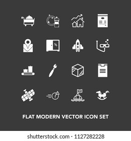 Modern, simple vector icon set on dark background with office, man, template, increase, water, horse, toy, buoy, bag, baby, packaging, home, property, food, restaurant, night, planet, station icons