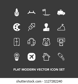 Modern, simple vector icon set on dark background with finance, bear, vegetable, blue, rocket, atm, furniture, pull, spaceship, bulb, corn, cupboard, telephone, electric, craft, mobile, beach icons