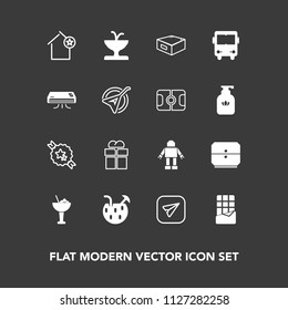 Modern, simple vector icon set on dark background with fountain, transportation, folk, robot, ribbon, music, present, drink, drawer, apartment, juice, box, technology, package, home, gift, air icons