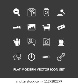 Modern, simple vector icon set on dark background with truck, sorcery, appliance, law, lamp, web, lock, justice, flashlight, button, communication, chat, tin, key, door, strategy, old, vintage icons