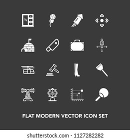 Modern, simple vector icon set on dark background with cooking, technology, blue, cabinet, eye, business, interior, sport, footwear, rail, event, lawyer, furniture, karaoke, leisure, food, home icons
