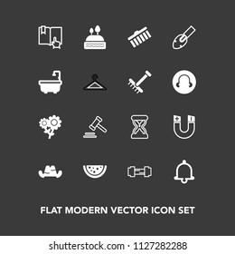 Modern, simple vector icon set on dark background with watermelon, cake, timer, clock, sweet, hat, legal, sand, courthouse, fitness, science, gym, spring, blossom, cap, alert, collection, flower icons