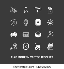 Modern, simple vector icon set on dark background with roll, button, professional, paint, sign, tool, construction, hairdresser, school, handicap, object, wheelchair, equipment, sweet, food, bar icons