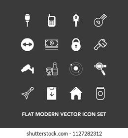 Modern, simple vector icon set on dark background with light, phone, building, musical, telephone, old, research, container, camera, street, communication, space, guitar, wine, metal, can, lamp icons