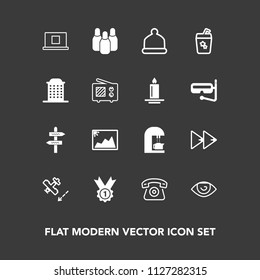 Modern, simple vector icon set on dark background with flight, picture, drink, espresso, eye, button, arrow, image, music, cafe, cone, hat, caffeine, airplane, aircraft, internet, technology icons