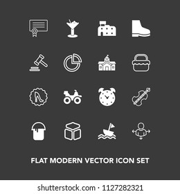 Modern, simple vector icon set on dark background with square, quad, template, alcohol, diploma, sign, cello, certificate, nautical, direction, glass, clock, music, architecture, watch, city icons