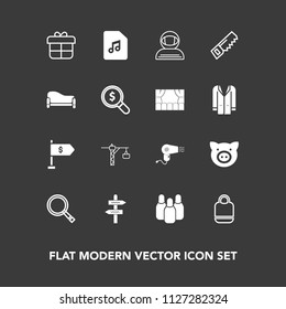 Modern, simple vector icon set on dark background with ball, science, couch, object, style, search, money, sofa, piglet, finance, holiday, arrow, space, animal, note, decoration, sport, bowling icons