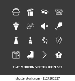 Modern, simple vector icon set on dark background with winner, strategy, finger, shirt, piece, chess, fashion, right, index, arrow, bar, basket, button, doughnut, skating, pub, box, dessert icons