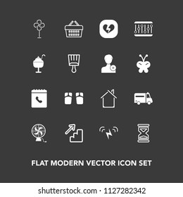 Modern, simple vector icon set on dark background with air, building, medical, energy, shop, cooler, hospital, downstairs, market, beach, sign, clock, estate, timer, store, internet, broken, sun icons