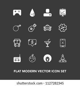 Modern, simple vector icon set on dark background with contact, game, connection, moon, subscription, price, glass, shuttle, cord, coaxial, music, drop, person, bus, scary, cocktail, water, flag icons