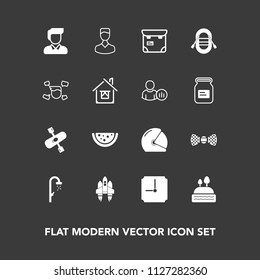 Modern, simple vector icon set on dark background with craft, biker, human, sweet, avatar, phone, tie, time, water, person, bathroom, kayaking, rocket, hygiene, dessert, boy, spaceship, food icons