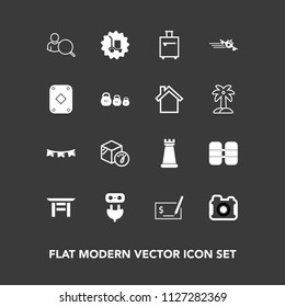 Modern, simple vector icon set on dark background with bag, happy, computer, pay, cylinder, account, web, piece, technology, equipment, game, tank, check, background, plug, shrine, online, japan icons