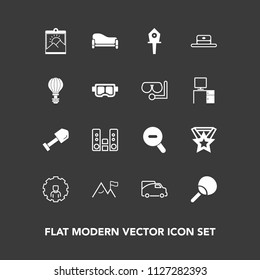 Modern, simple vector icon set on dark background with equipment, transport, player, cap, element, ping, tennis, frame, nest, photo, table, transportation, sofa, couch, vehicle, birdhouse, van icons