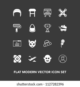 Modern, simple vector icon set on dark background with analytics, roll, armchair, male, universe, template, sound, plane, profile, brush, astronomy, internet, business, equipment, comfortable icons