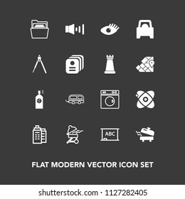 Modern, simple vector icon set on dark background with travel, equipment, grill, blank, machine, speaker, universe, bus, business, spray, paper, star, real, space, transportation, estate, volume icons