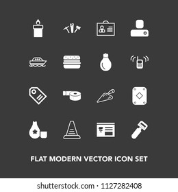 Modern, simple vector icon set on dark background with equipment, concept, cuisine, potato, construction, vegetable, peeler, step, kitchen, hammer, tool, japanese, social, price, sticky, sale icons