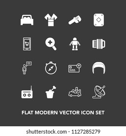 Modern, simple vector icon set on dark background with phone, person, child, belt, currency, transport, radio, chat, kimono, costume, game, vehicle, traditional, hammer, truck, compass, south icons