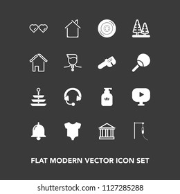 Modern, simple vector icon set on dark background with building, greece, hygiene, headphone, greek, europe, clothing, glasses, clean, tourism, home, dinner, video, call, car, sun, sky, wheel icons