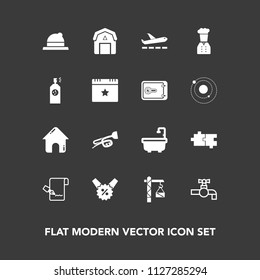 Modern, simple vector icon set on dark background with celebration, headwear, saw, music, fashion, spray, wood, puzzle, sound, travel, airplane, star, list, hat, construction, natural, paint icons