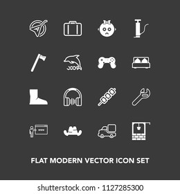 Modern, simple vector icon set on dark background with tool, white, cute, music, transportation, clothing, bag, repair, fashion, headwear, folk, travel, stereo, water, bucket, child, hat, web icons