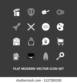 Modern, simple vector icon set on dark background with staple, ringing, japan, inkstone, baby, protect, toy, infant, box, guitar, market, shield, bag, natural, child, telephone, , retail, call icons