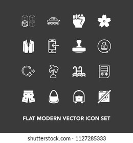 Modern, simple vector icon set on dark background with boat, palm, leaf, sakura, night, cardboard, wash, technology, sky, relocation, fashion, human, finger, wear, sea, button, pool, water, hand icons