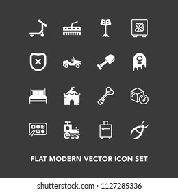 Modern, simple vector icon set on dark background with closed, protection, suitcase, vehicle, safe, scooter, bed, drill, safety, door, food, musical, trip, transport, bag, toy, sign, package icons