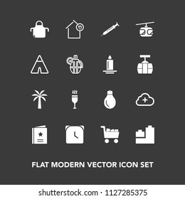 Modern, simple vector icon set on dark background with chef, cart, watch, sky, bulb, energy, wine, owner, , train, clock, cloud, favour, commerce, home, apron, alcohol, light, play, needle, toy icons