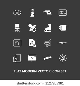 Modern, simple vector icon set on dark background with white, sea, health, musical, gym, security, snorkel, ocean, display, fitness, accessory, gasoline, fuel, necklace, light, lighthouse, heart icons