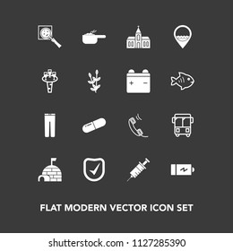 Modern, simple vector icon set on dark background with transport, igloo, building, pot, house, pill, drill, power, phone, pants, ice, medicine, snow, energy, find, medical, speed, check, clothes icons