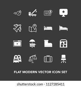 Modern, simple vector icon set on dark background with play, armchair, footwear, office, toy, chair, water, fashion, style, vehicle, late, travel, truck, accident, ice, van, web, bank, interior icons