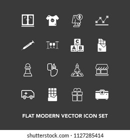 Modern, Simple Vector Icon Set On Dark Background With Food, Strategy, Horse, Fire, Chocolate, Space, Kid, Game, Home, Emergency, Bar, Lamp, Box, Dessert, Gift, Clothes, Medical, Sweet, Launch Icons