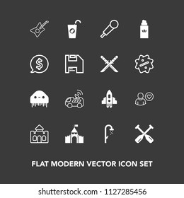 Modern, simple vector icon set on dark background with karaoke, fashion, guitar, business, canoe, healthy, spaceship, fiction, profile, juice, fresh, paddle, oar, fruit, water, aroma, online icons