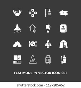 Modern, simple vector icon set on dark background with fun, seafood, business, up, bag, kitchen, hood, cargo, puzzle, shower, outdoor, airport, space, note, fork, travel, concept, musical, fresh icons
