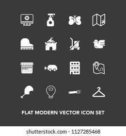 Modern, simple vector icon set on dark background with time, castle, lamp, city, beauty, flashlight, music, butterfly, setting, timetable, road, pin, sign, insect, meat, house, architecture, day icons