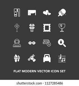 Modern, simple vector icon set on dark background with bank, construction, woman, cream, cosmonaut, cash, clean, desk, female, brush, sound, astronaut, sunglasses, clothes, sweet, note, work icons