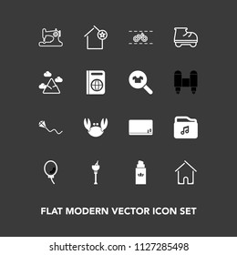 Modern, simple vector icon set on dark background with holiday, estate, kite, ice, sky, machine, blank, alcohol, aroma, apartment, sewing, drink, chalk, transportation, house, crab, bicycle, joy icons