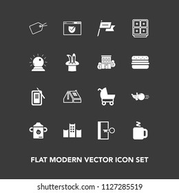 Modern, simple vector icon set on dark background with baby, fun, milk, ink, inkstone, sign, escape, wind, pram, security, internet, check, bed, window, carriage, nation, food, house, web, child icons