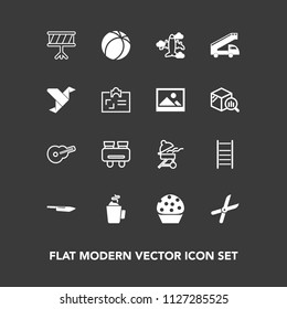 Modern, simple vector icon set on dark background with travel, kitchen, ball, plane, sound, food, hot, cup, music, work, grill, game, gardening, cake, bbq, drum, drink, meat, white, guitar, spy icons